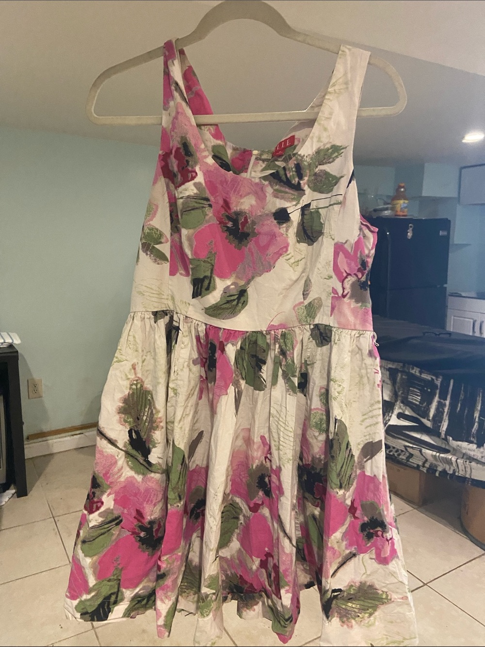 Elle White Dress with Pink Floral and Green Leaves. Petite.